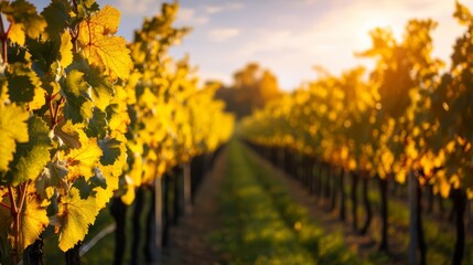 Naklejka premium A scenic vineyard in late afternoon sunlight, grapevines glowing under golden intensity, vineyard sunlight, seasonal abundance