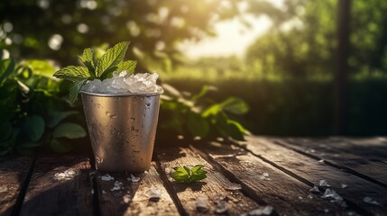 A refreshing mint julep served in a frosty silver cup with crushed ice and fresh mint. The drink is placed on a weathered wooden porch with ice scattered around and sun-drenched greenery