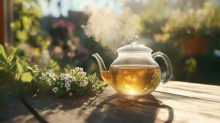 A glass teapot filled with steaming herbal tea, placed on a wooden table outdoors. The tea is surrounded by fresh herbs like mint and chamomile, with warm light