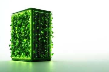 A green, leafy structure resembling a futuristic cabinet, glowing softly against a white background.