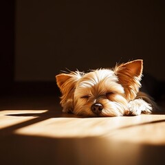 A small dog lying in a sunlit patch indoors, soft sunlight highlighting its fur, pet sunlight, cozy domesticity