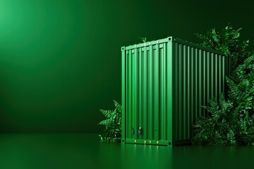 A vibrant green shipping container surrounded by lush greenery, set against a solid green backdrop, conveying themes of nature and sustainability.