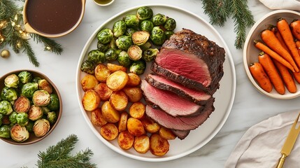 A Hearty Roast Beef Dinner with Tender, Golden-Brown Roast Beef, Crispy Roasted Potatoes, and Vibrant Seasonal Vegetables