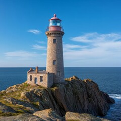 A striking lighthouse on a cliff under direct sunlight, details of stonework and ocean spray brightly defined, lighthouse sunlight, coastal strength