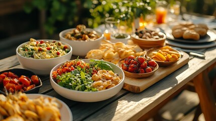 Fototapeta premium A table of food outdoors, illuminated by intense sunlight, emphasizing freshness and natural colors, outdoor food, culinary art in nature