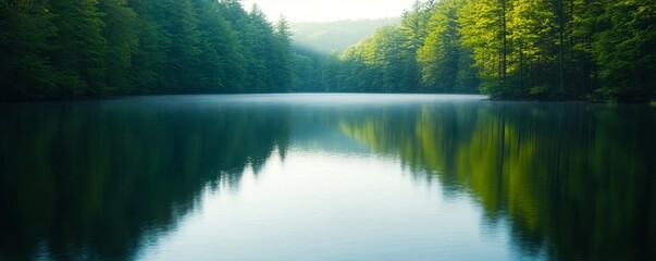 A tranquil lake surrounded by trees, faint sunlight creating a muted, reflective surface, lake sunlight, natural stillness