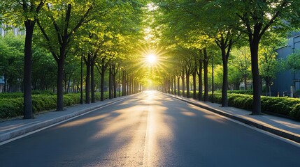 Fototapeta premium A tranquil street lined with trees, sunlight softly illuminating the path and leaves, urban sunlight, city-nature harmony