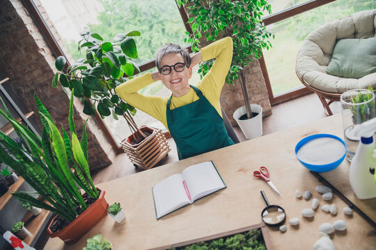 Photo portrait of lovely pensioner lady relax done work florist businesswoman wear green apron working flower shop studio small business