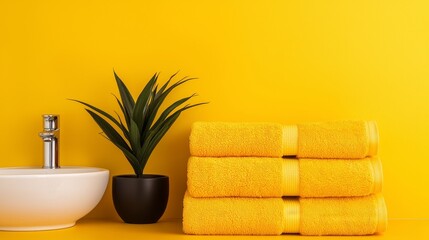 Hostel bathroom, vibrant accents, organized towels, minimalist decor