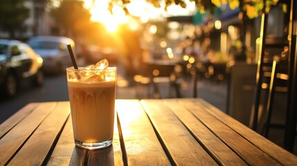Iced latte with caramel drizzle on table with sunset view