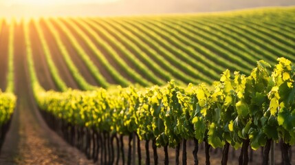 A vineyard softly illuminated by diffuse sunlight, rows of vines blending seamlessly with the landscape, vineyard sunlight, delicate growth