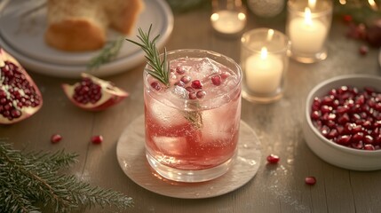 Sparkling pomegranate spritzer with rosemary and pomegranate seeds in short glass