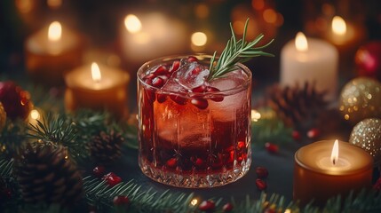 Sparkling Pomegranate Spritzer with Ice Cubes, Rosemary, and Pomegranate Seeds on a Festive Holiday Table