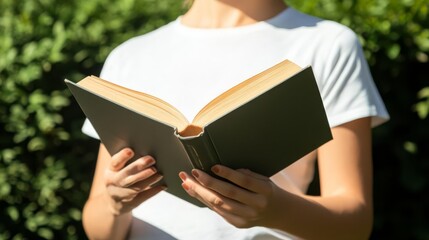 A woman reading a book outdoors under intense sunlight, sharp shadows adding depth, reading sunlight, relaxation and intellect