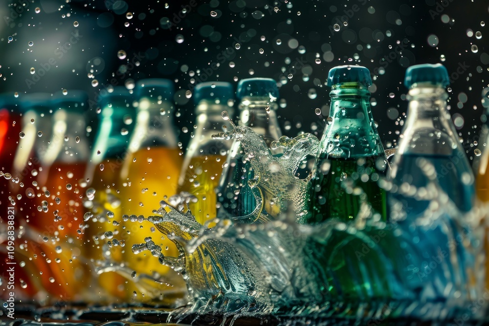 Poster refreshing soda drinks in colorful glass bottles getting splashed with water, creating a vibrant and