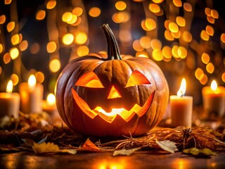 Closeup of an Eerie Jack-o'-Lantern with a Sinister Face Glowing in the Dark, Captured with Long Exposure for Haunting Effect