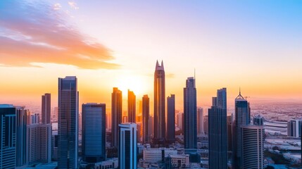 An urban skyline gently lit by moderate sunlight, creating soft contrasts without overexposure, city sunlight, refined metropolitan view
