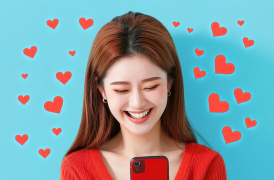 A cheerful girl engages with her phone, surrounded by floating hearts and emojis, radiating joy and connection.