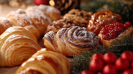 A Selection of Sweet Holiday Pastries Croissants with Dusted Powdered Sugar and Christmas Ornaments Laying Around