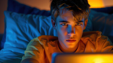 A stylish young man sits on a cozy sofa, focused on his laptop, embodying modern remote work vibes at home.
