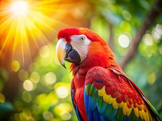 Fototapeta premium Close-Up of a Serene Red Macaw Relaxing in the Sunlight, Exuding Tranquility and Natural Beauty, Perfect for Nature and Wildlife Photography Enthusiasts