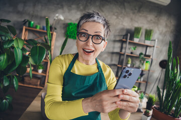 Photo of pensioner lady website order excited hold device florist businesswoman wear green apron working flower shop studio small business