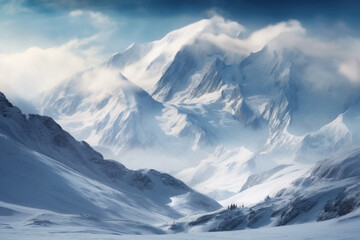 Obraz premium Snowy white peaks rise against the clear blue winter sky,. 