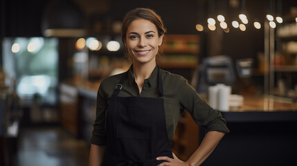 Smiling female barista in apron standing confidently in a cafe