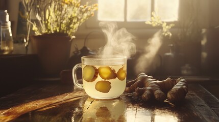 Hot steamy ginger tea in a glass mug with a wet vibe
