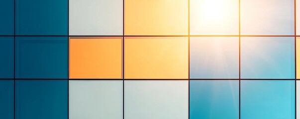 Glass building facade reflecting bright sunlight, capturing abstract patterns, architectural sunlight, modernity and innovation