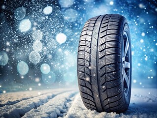 Close-Up of a Winter Tire with Snow Showcasing Traction and Durability in Snowy Conditions, Highlighting the Importance of Quality Tires for Safe Winter Driving