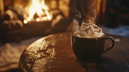 Hot chocolate with whipped cream topping in a chocolate cup