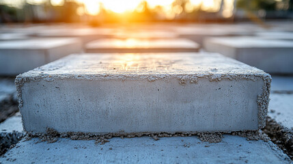 concrete block, with construction materials and blurred background, highlighting the symbolism of foundation, building, and progress in construction projects