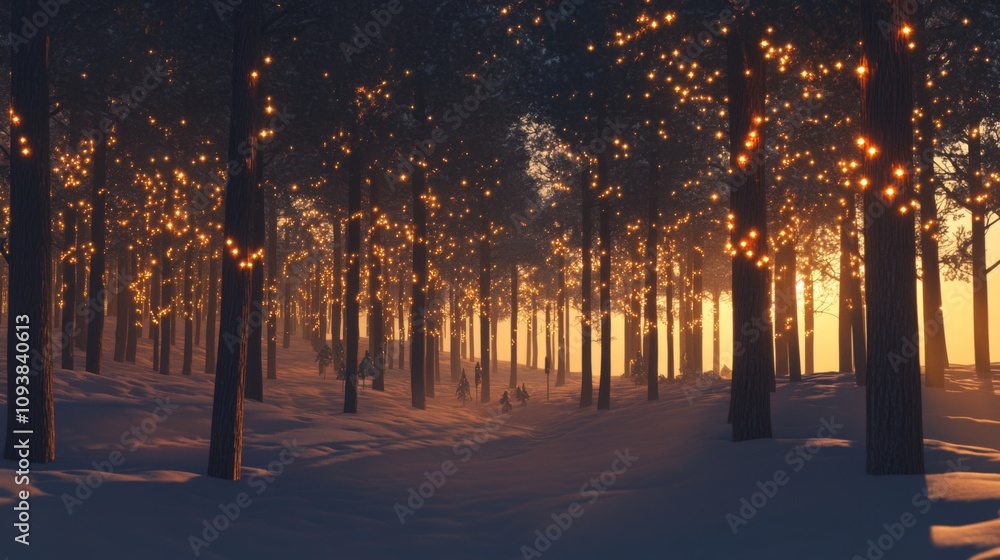 Poster enchanted forest pathway with twinkling lights during golden hour, surrounded by tall trees and snow