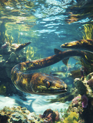 Obraz premium Moray Eels in Caribbean Waters: Pirate Hideouts and Rum Distilleries