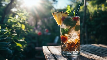 Tropical pineapple mojito in a tall glass with fresh mint and pineapple slices