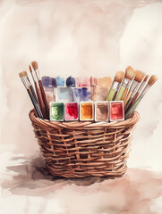Obraz premium A Basket Containing a Set of Watercolors on a Dusty Rose Background Revisited