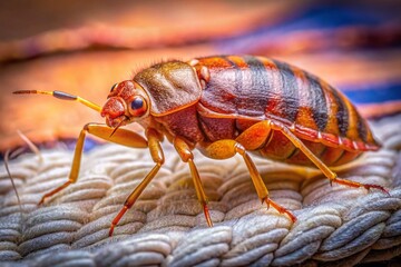 Naklejka premium Close-Up of Cimex Hemipterus Bed Bug on Bed Surface, Highlighting Intricate Details and Textures for Educational and Informational Use in Pest Control and Entomology Studies