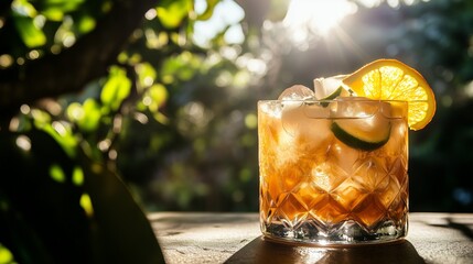 Tropical fruit punch with pineapple, orange, and lime slices in a glass under a pergola