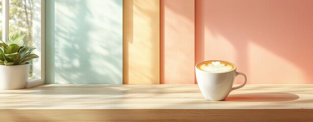 A modern, minimalist coffee shop scene with a white mug of latte art on a clean wooden table, and a pastel-colored menu board in the background, leaving space for text