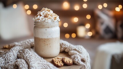 Chocolate cookie with white chocolate and chocolate smoothie in a mason jar