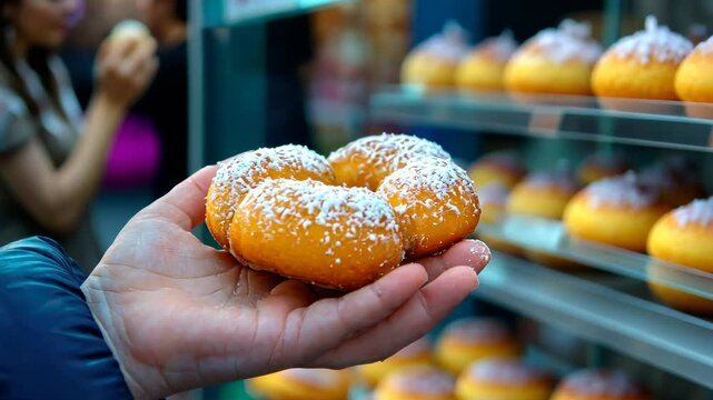 Hand holding a freshly baked, sugar-dusted sufganiyah doughnut, traditional hanukkah pastry