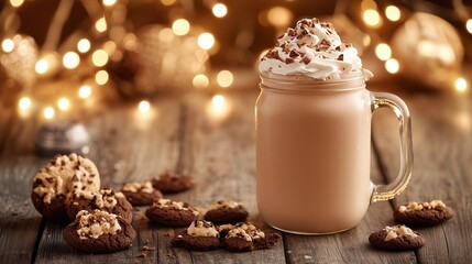 Chocolate cookie smoothie in a mason jar topped with whipped cream