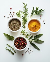 A minimalist aesthetic featuring herbs and spices ,Organic dried herbs and spices in wooden bowls, fresh culinary herbs and spices for cooking, assorted gourmet herbs and spices on white background