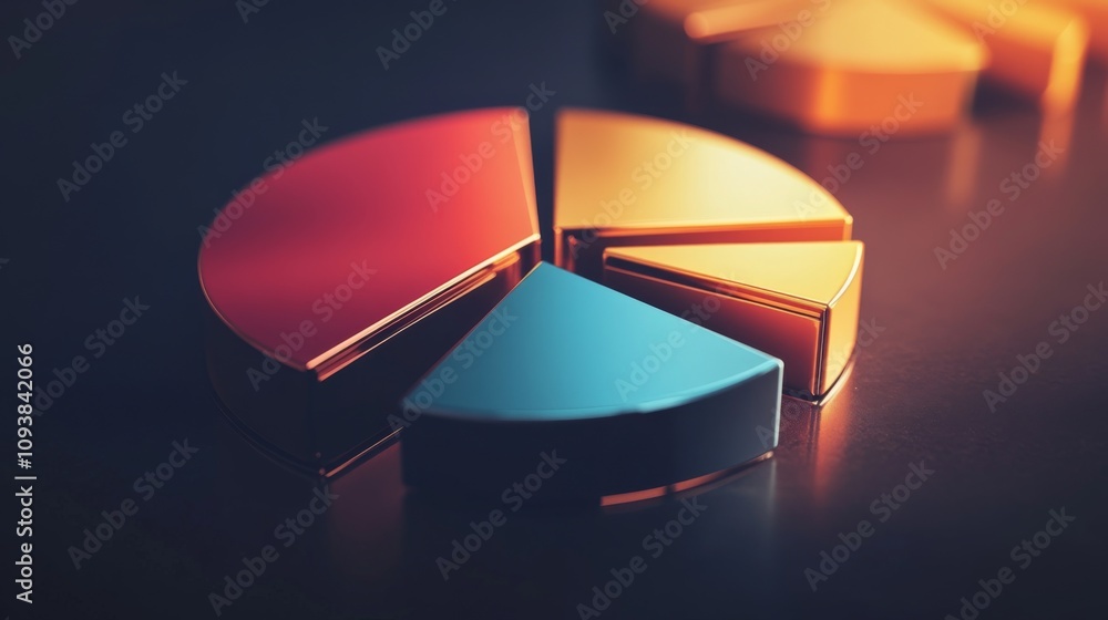 Poster colorful geometric pie chart segments arranged on a dark surface, representing data visualization an