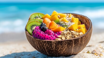 Smoothie topped with mixed fruits in a coconut shell