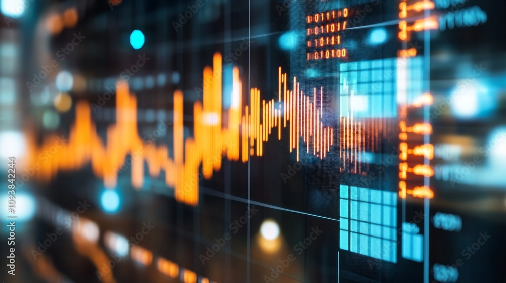 Poster abstract digital visualization of financial data with vibrant graphs and glowing bars representing m