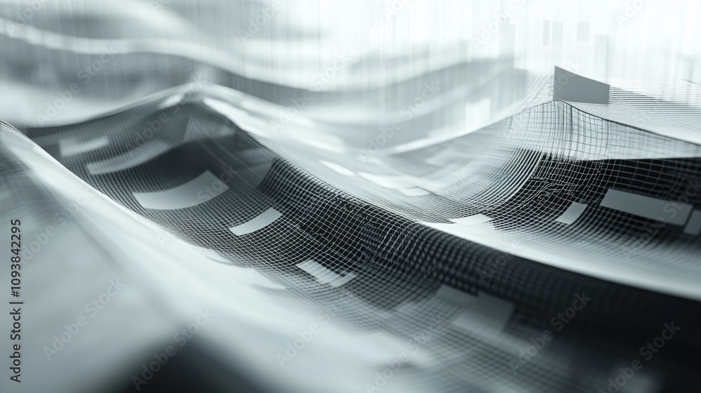 Poster Abstract representation of fluid waves with intricate grid patterns in monochrome, illustrating the convergence of technology and nature in digital art.