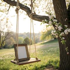 blank frame on wooden swing tied to tree, surrounded by nature. serene setting evokes sense of...