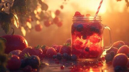 Vibrant berry smoothie in a mason jar with a striped straw and fresh fruit on a wooden surface